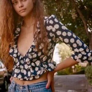 Reasisation Par navy blue Floral Wrap Top blouse small long sleeve silk